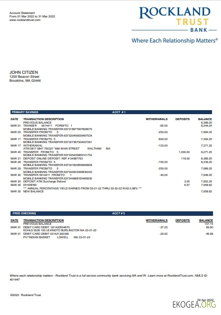 États Unis Massachusetts Rockland Trust relevé bancaire Modèle Word et PDF